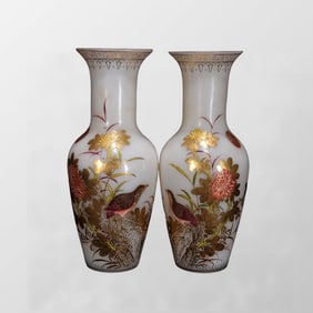 A Pair Chinese Qing Dynasty Gilt Gold Famille Rose Flowers Design Peking Glass Vase
