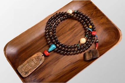 Vintage Natural Chenxiang Wood Carved Laughing Buddha Pendant w Wood Necklace