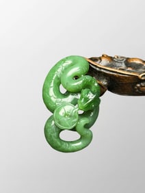 Chinese Green Hetian Jade Carved Snake Pendant