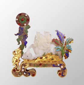 Exquisite Chinese Gold Wires Enamel Inlay Gem & White Hetian Jade Fortune Kylin Statue