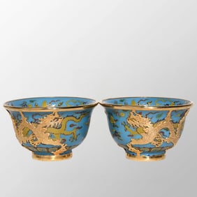 A Pair Chinese Inlaying Gold Edge Turquoise Glaze Porcelain Cup