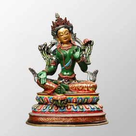 Tibetan Buddhism Gilt Gold Bronze Colored Drawing Green Tara Statue