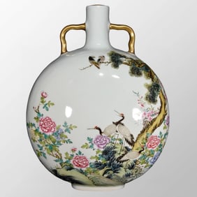 Chinese Qing Dynasty Gilt Gold Famille Rose Pine Tree & Crane Design Porcelain Vase