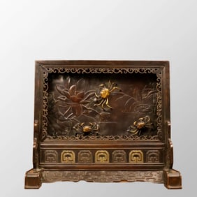 Vintage Chinese Gilt Gold Copper Crab & Lotus Flower & Lotus Leaf Design Screen