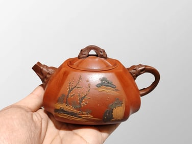 Chinese Famille Rose Yixing Zisha Clay Mountain River Scene Design Teapot w Artist Signed