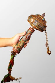 Tibetan Silver Plated Gilt Gold Bronze Inlay DZI Agate & Gems Prayer Wheel
