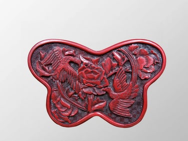 Vintage Chinese Red Lacquerware Low Relief Phoenix &  Peony Deity Design Jewelry Box