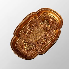 Vintage Chinese Gilt Gold Copper Fortune Dragon Plate