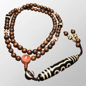 Old Tibetan 5 Eyes DZI Agate Lucky Pendant w Chenxiang Wood Beads Necklace