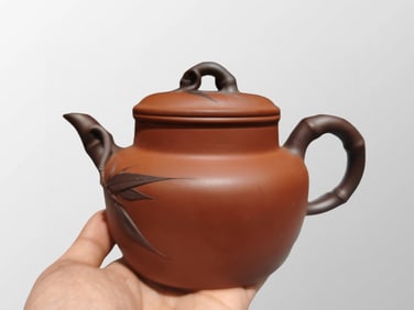 Chinese Yixing Zisha Clay Fortune Bamboo Teapot w Artist Signed
