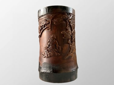 Old Chinese Bamboo Low Relief Pine Tree & Figure Brush Pot