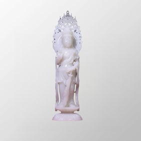 Exquisite Chinese Qing Dynasty White Hetian Jade Carved Kwan-yin Statue