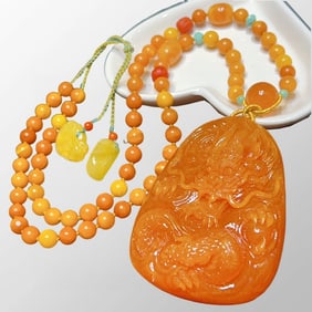 Beautiful Beeswax Hand Carved Fortune Dragon Pendant