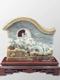 Superb Chinese Hetian Jade Carved Plum Flower & Magpie Statue