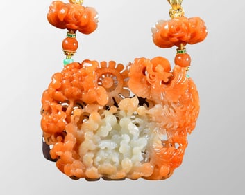 Exquisite Jadeite Hand Carved Phoenix & Peony Pendant w Beads Necklace