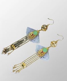 A Pair Exquisite Chinese Silver Plated Gilt Gold Inaly White Hetian Jade Fan Shape Earring