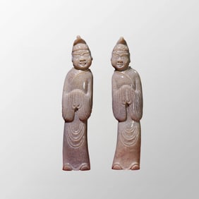 A Pair Vintage Chinese Hetian Jade Carved Figure Statue
