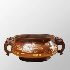 Vintage Chinese Gilt Gold Copper Double Ears Incense Burner