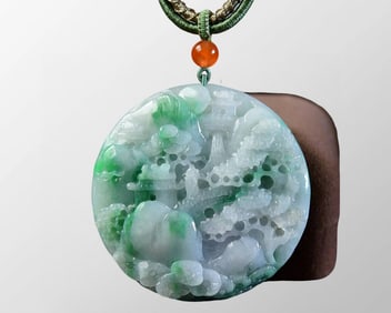Natural Jadeite Carved Mountain River Scene Pendant