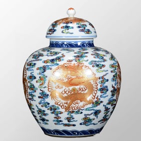 Chinese Qing Dynasty Gilt Gold Doucai Clouds Dragon Design Porcelain Pot