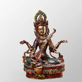 Old Tibetan Gilt Gold Bronze Inlay Turquoise & Gem Miaoyin Buddha Mother Statue