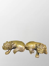 A Pair Vintage Chinese Brass Fortune Beast Statue