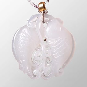 Openwork Chinese Hetian Jade Carved Double Fish Pendant w Certificate