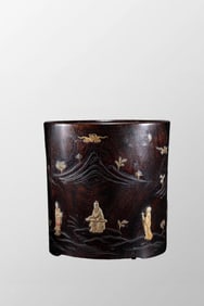 Vintage Chinese Zitan Wood Inlay Bone Sages Meeting Design Brush Pot