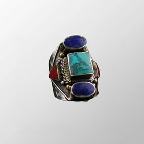 Tibetan Silver Inlay Turquoise & Lapis Lazuli Ring