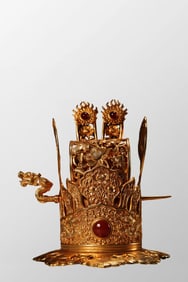 Vintage Chinese Gilt Gold Copper Inlay Gem Crown
