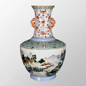 Chinese Qing Dynasty Gilt Edge Famille Rose Mountain River Scene Design Porcelain Vase