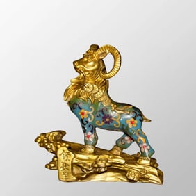 Vintage Chinese Gilt Gold Copper Cloisonne Fortune Sheep Statue