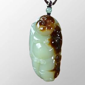 Chinese Hetian Jade Carved Laughing Buddha Pendant