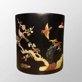 Chinese Zitan Wood Inlay Shoushan Stone & Shell,Gem Plum Flower & Magpie  Design Brush Pot
