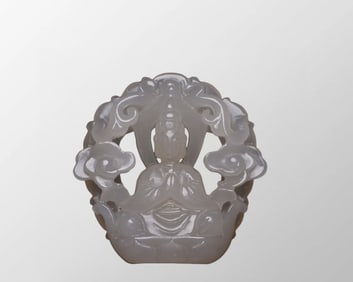 Openwork Chinese Hetian Jade Carved Ruyi Kwan-yin Pendant