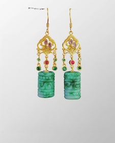 A Pair Exquisite 925 Silver Inlay Jadeite Earring