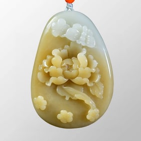 Chinese Hetian Jade Carved Butterfly & Peony Pendant
