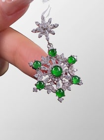 Beautiful 925 Silver Inlay Jadeite Snowflake Shape Pendant w Certificate