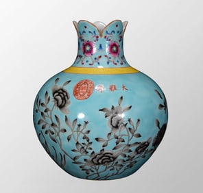 Chinese Qing Dynasty Gilt Edge Blue Glaze Mocai Flowers Design Porcelain Vase