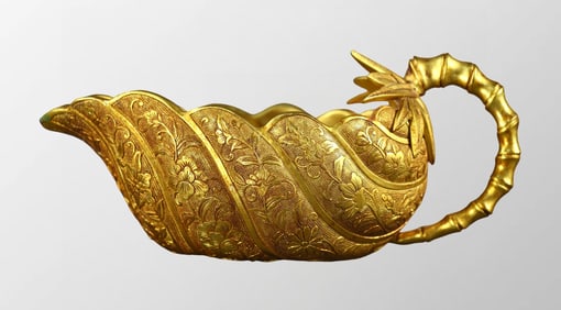 Vintage Chinese Gilt Gold Bronze Fortune Bamboo Wine Cup