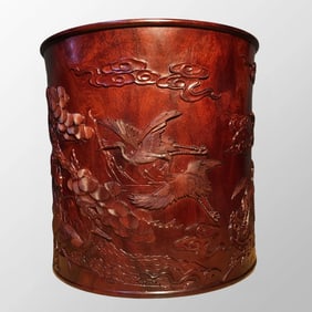 Vintage Chinese Huanghuali Wood Low Relief Pine Tree & Crane Design Brush Pot