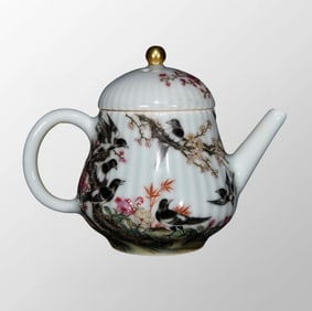 Chinese Qing Dynasty Famille Rose Plum Flower & Magpie Design Porcelain Teapot