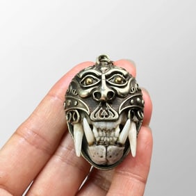 Vintage Pure Silver Inlay Bone Beast Pendant w Hand Woven Necklace