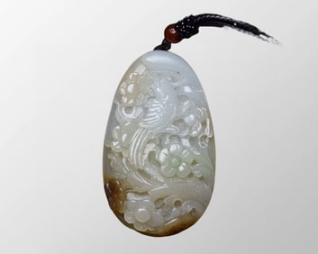 Chinese Hetian Jade Carved Plum Flower & Magpie Pendant