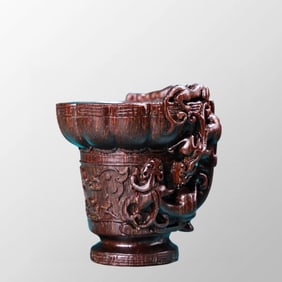 Vintage Ox Horn High Relief Chi Dragon Sacrifice Wine Cup