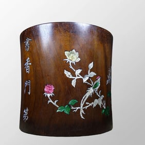 Chinese Huali Wood Inlay Shell Plum Flower & Magpie Design Brush Pot