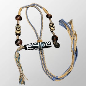 Old Tibetan 12 Eyes DZI Agate Lucky Pendant w Beads Necklace