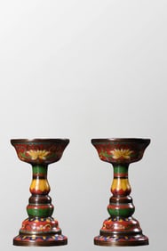 A Pair Vintage Chinese Bronze Cloisonne Candlestick