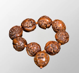 Vintage Olive Nut Carved Laughing Buddha Beads Bracelet