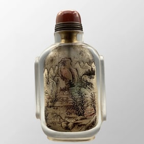 Old Chinese Peking Glass Inside Painting Mountain River Scene Design Snuff Bottle w Stopper
